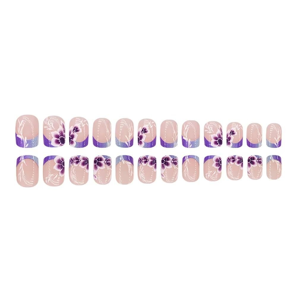 French Tips Press on Nails Purple Flower Fake with Ombre Short, purple