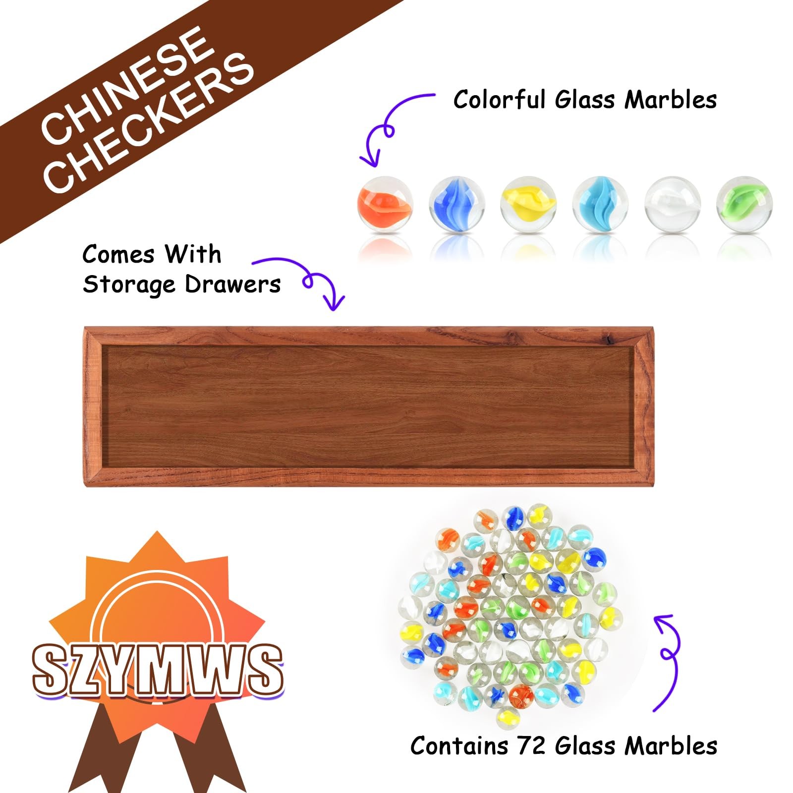 12.7 Inches Wooden Chinese Checkers x 11 x 1.6 inch, Glass Marbles