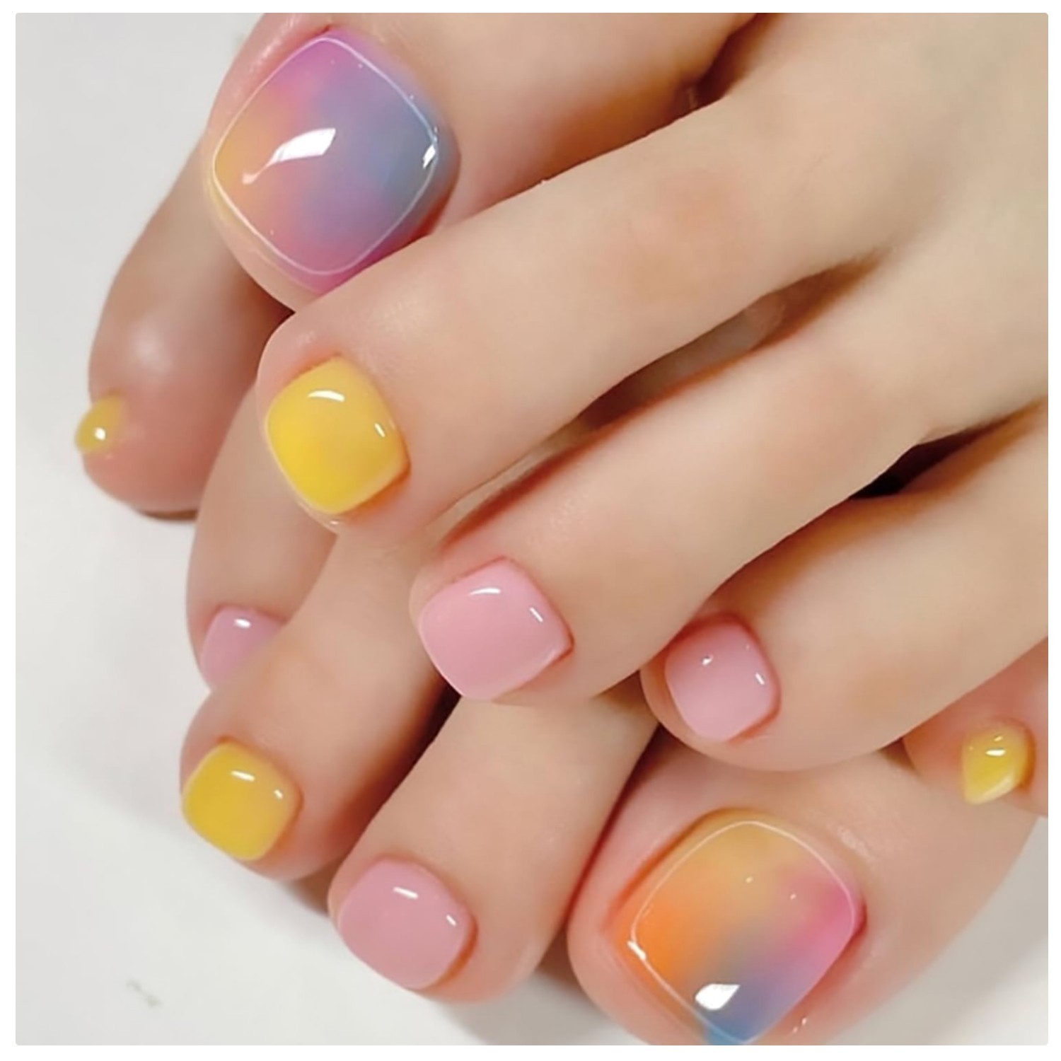 Multicolor Glossy Gradient Press-On Toenails Set – 24 Pcs Full Coverage