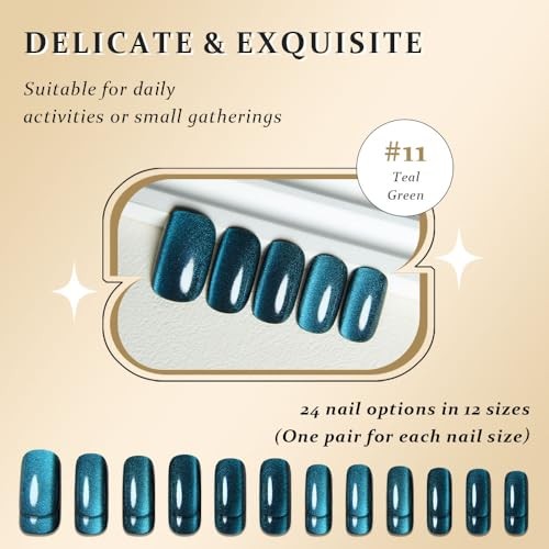 Teal Green Cat Eye Press on 24 Ounce (Pack of 1) 24Pcs-Medium Square-11 Teal