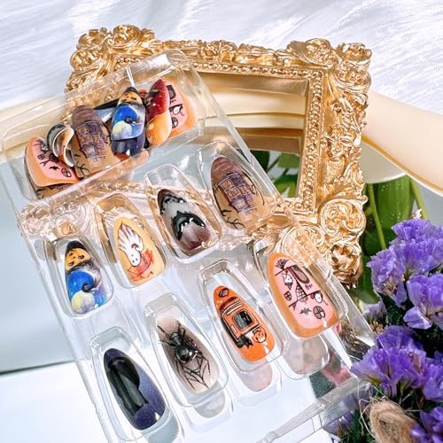 30Pcs Medium Almond Halloween Press On Nails 3D Spider Bat Ghost Designs