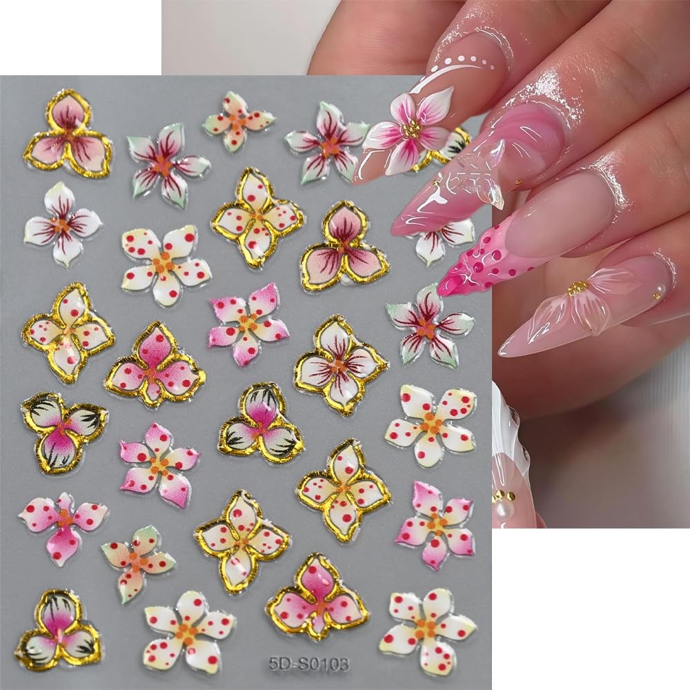 5D Embossed Colorful Summer Flower Nail Art Stickers Decals Style8 Embossed