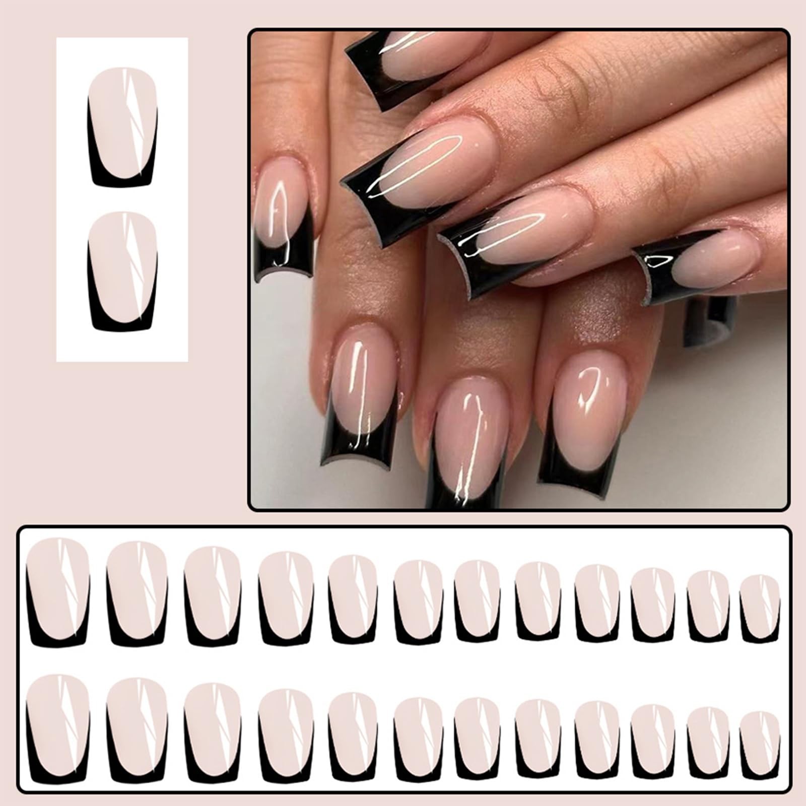 SHUXILIN 24Pcs Black French Tip Press on Nails Medium Square Nails Press ons …