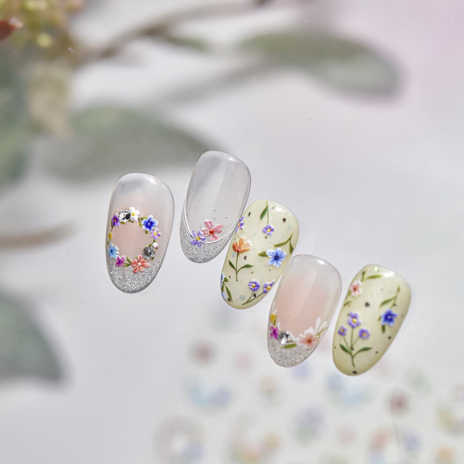 Flower Nail Stickers Pink Blue Nail Decals 1PCS -Adhesive Cute Floral Ring Na…