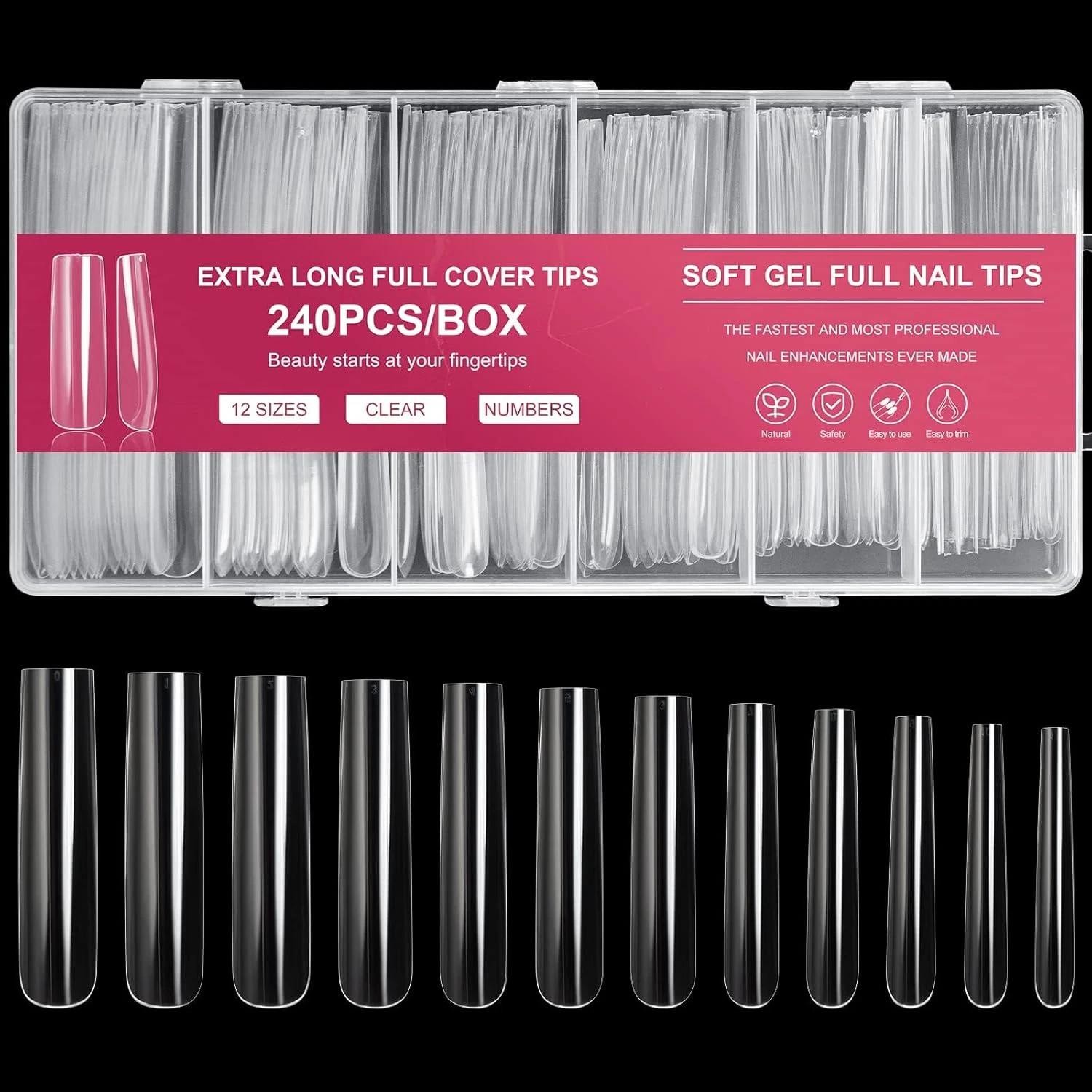 Aoraem Extra Long Square Full Cover Nail Tips 240pcs Xxxl Clear Full Cover Fake