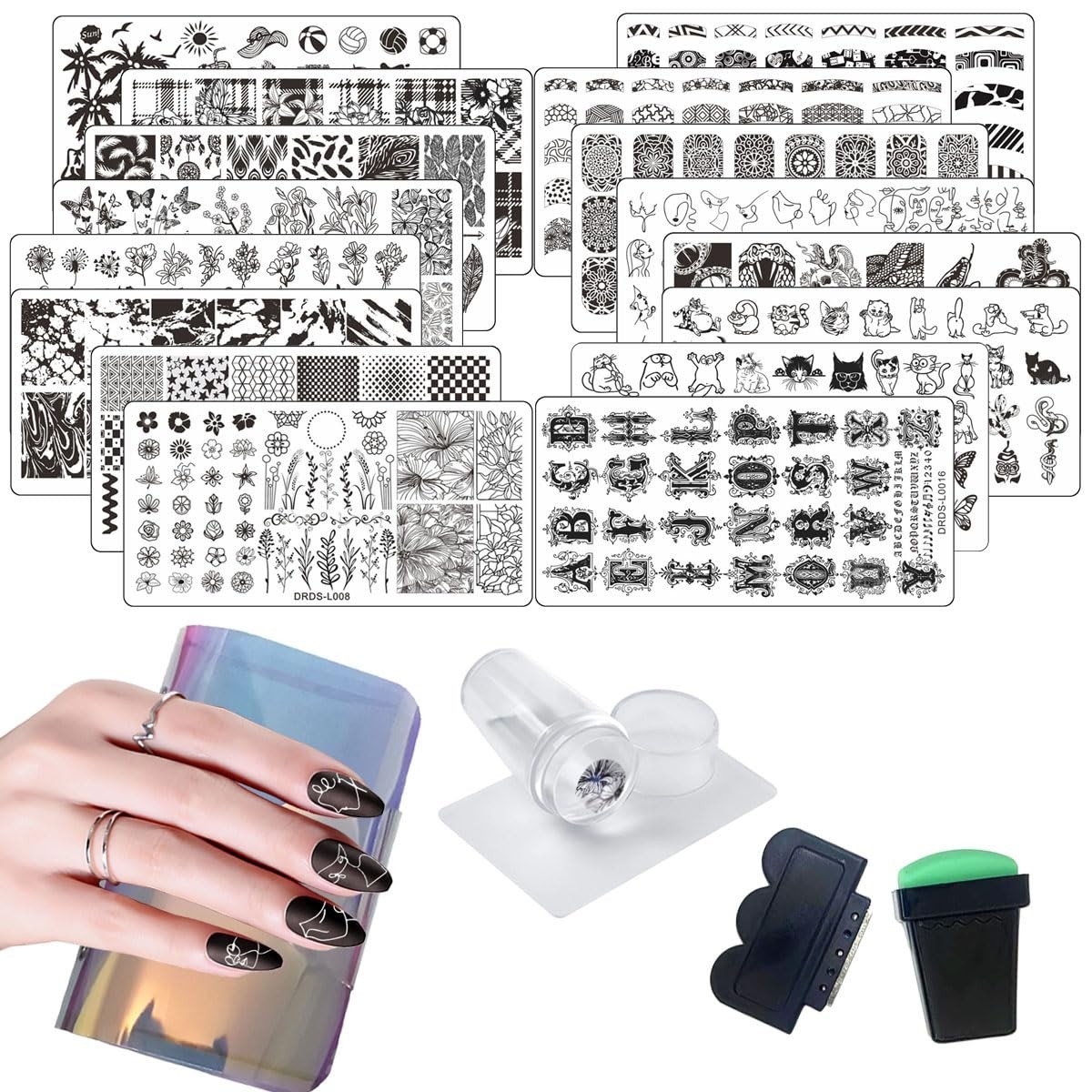21 Pcs Nail Art Stamping Plates Set – 16 Plates, 2 Stampers, 2 Scrapers, Storage