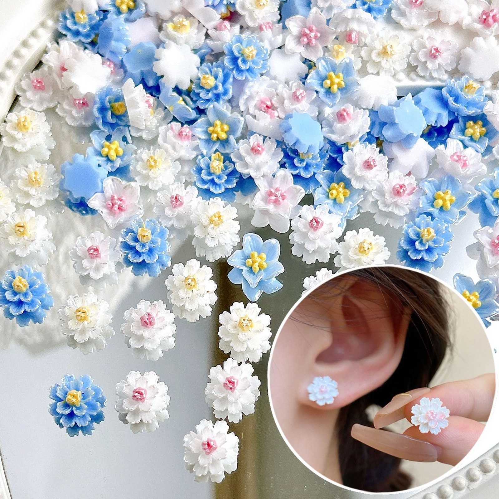 50PCS Flower Nail Art Charms 3D White Blue Roses Camellias Nail Charms DIY Re…