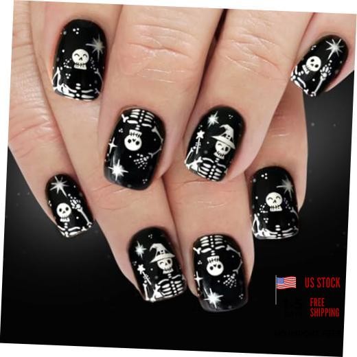 Halloween Press on Nails – Short Square Dark Black Fake Nails with White Skull