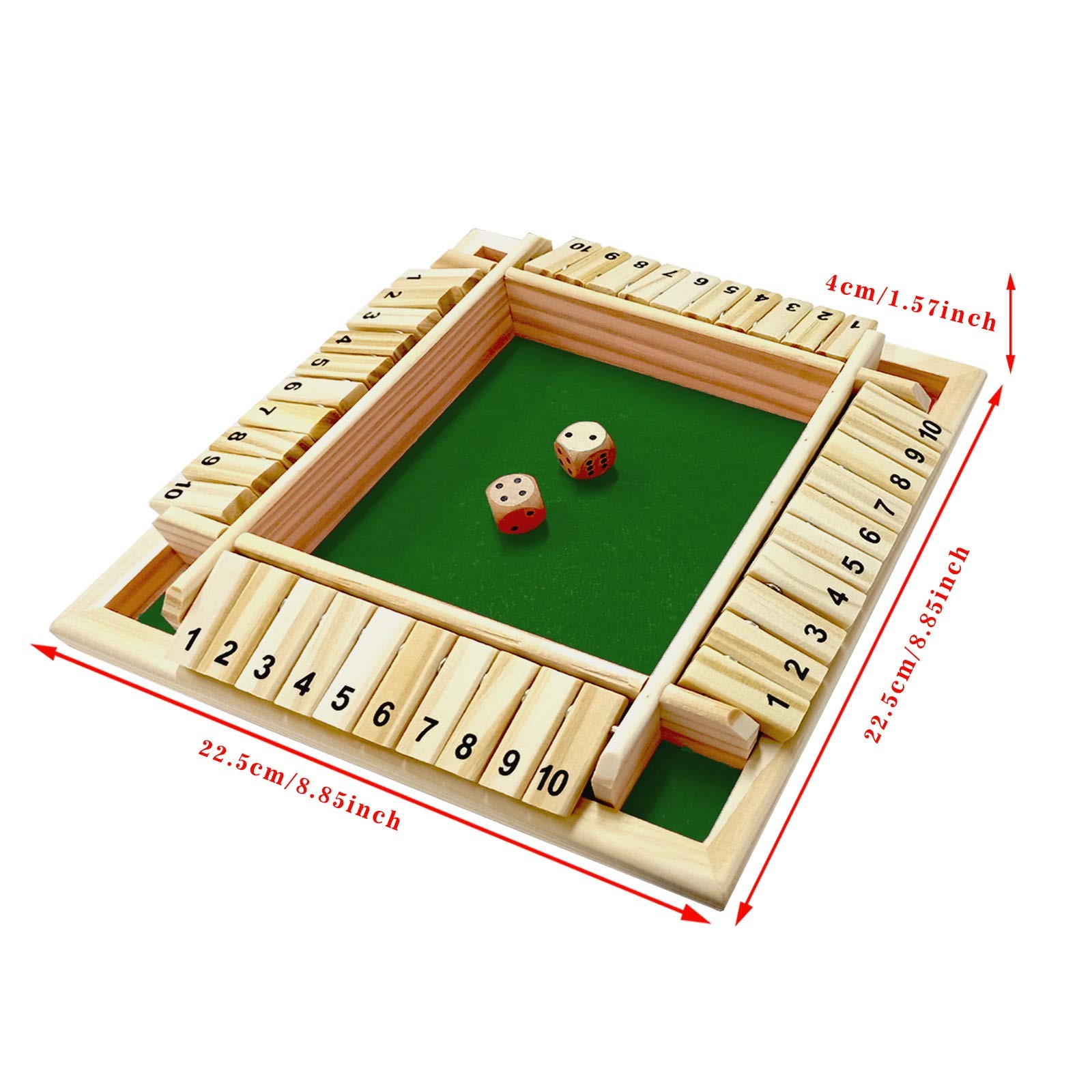DC-BEAUTIFUL Shut The Box Dice Game, 2-4 Players 8.9” x x 0.6”, Green