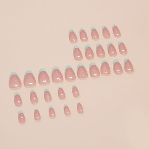30Pcs Mint Green Press on Nails French Tip Fake Nails Short Almond Shape