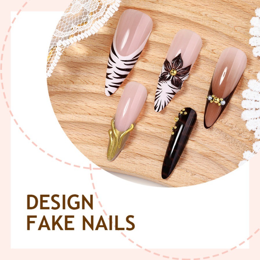 48pcs-Nude Press on Nails Black Gold Accent Floral French Tip Stiletto Set