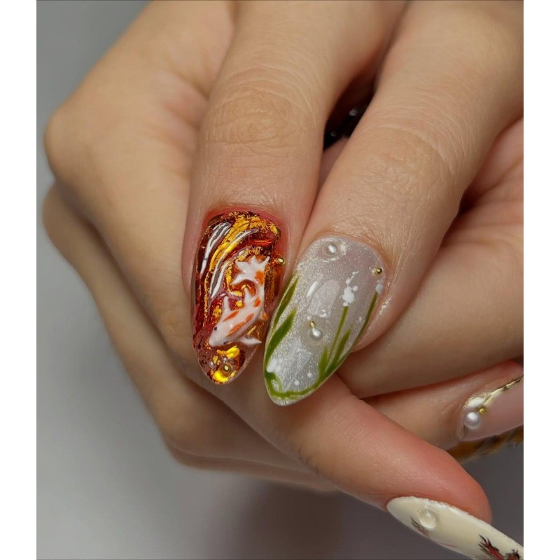 Custom Pure Handmade Nails Orange Koi Maple Leaf Gold Pearl Vintage Manicure