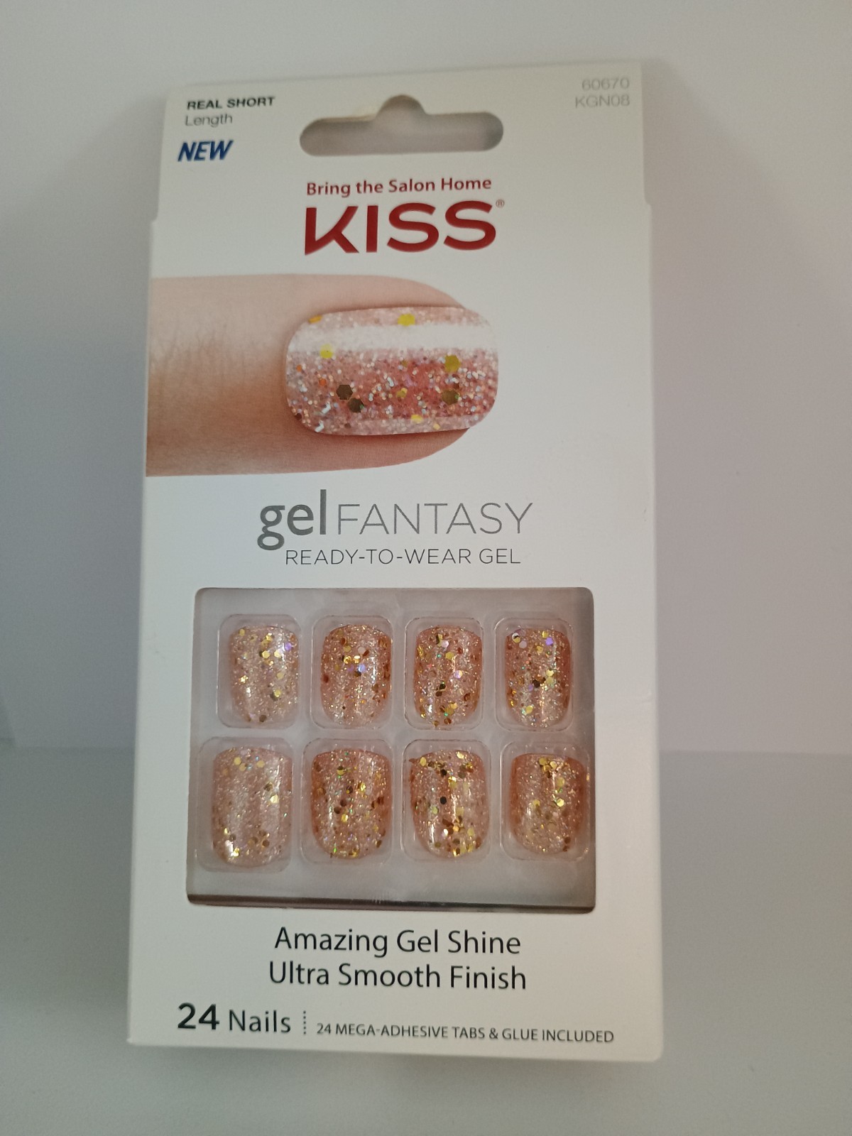 Kiss Gel Fantasy Real Short Length Glue-on False Nails – Gold Glitter (1)