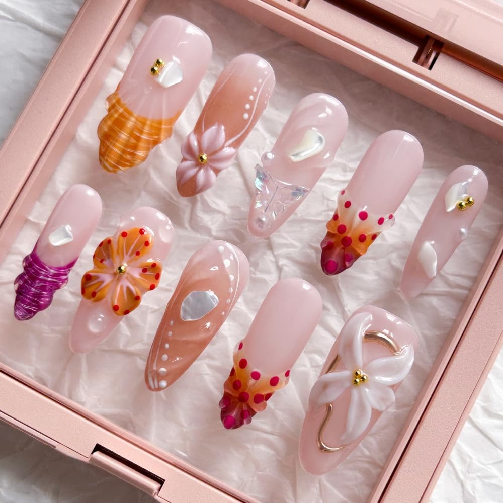 MAGLFELL Press on Nails – Handemade Long Almond Fake Nails, Unique 3D Glossy …