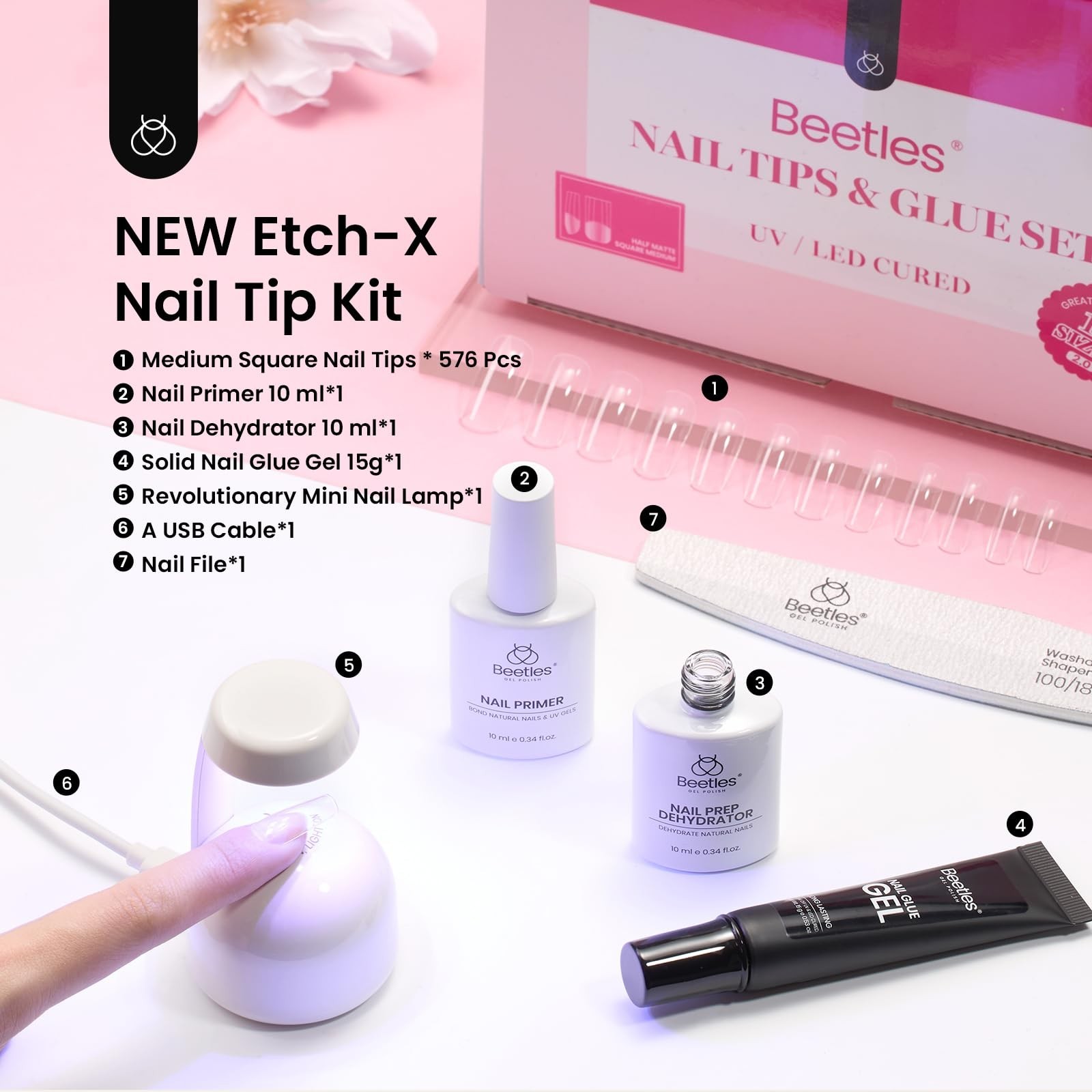Medium Square Gel Nail Kit with Dehydrator & Primer | 576Pcs Matte Gel Tips, Min