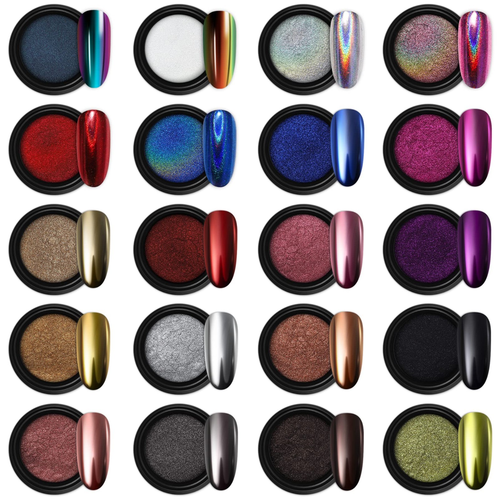 20 Jars Metallic Nail Powder Set – Holographic, Chameleon, Mirror Effect Pigment