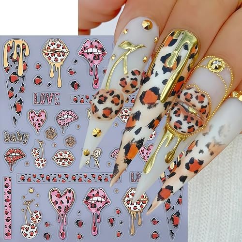 2 Sheets Valentines Day Nail Art Stickers Leopard Print Love Heart Nail bow