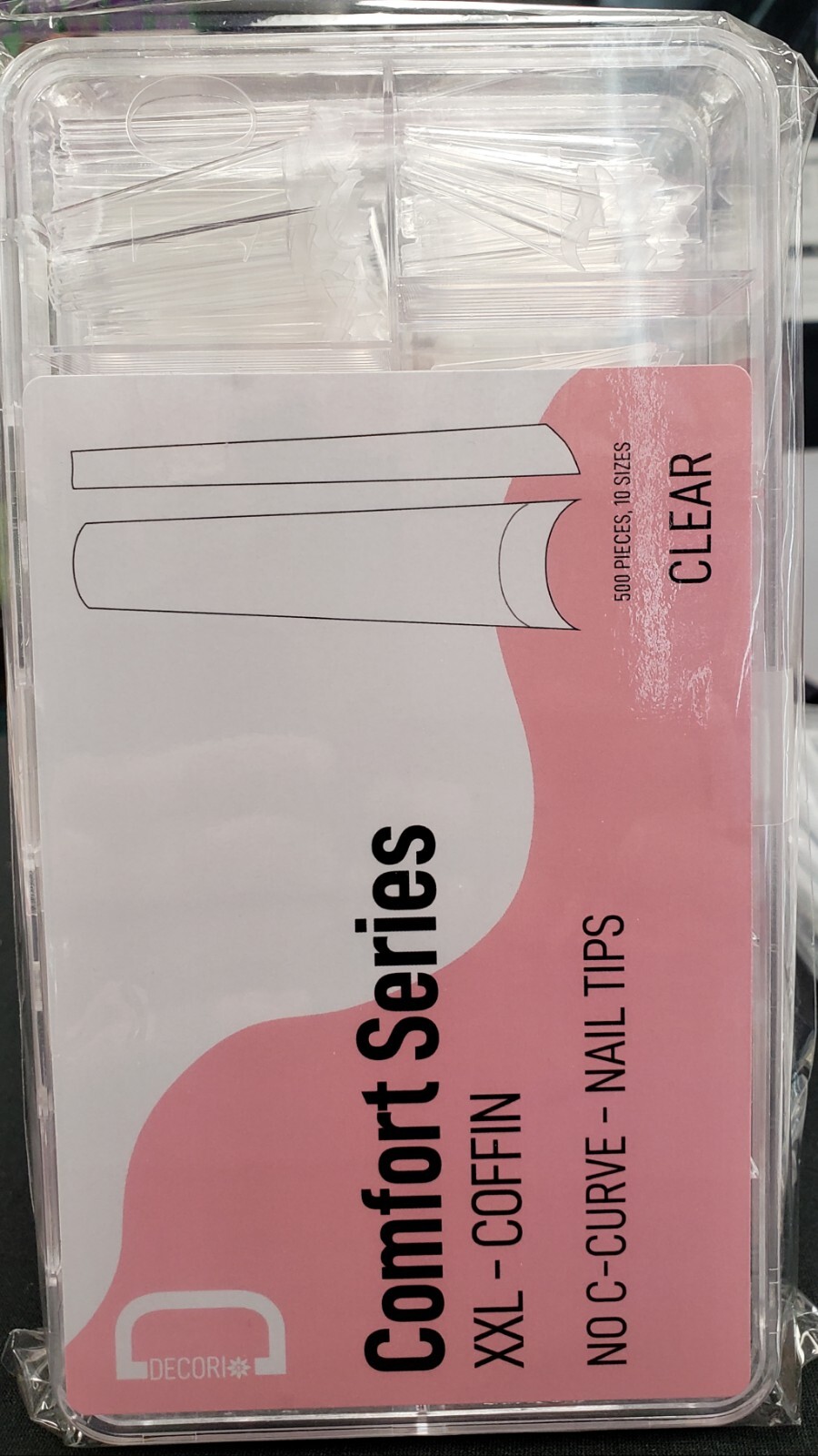 Adoro Nail Tips XXL-COFFIN CLEAR NO C-CURVE 500 PCS 10 SIZES
