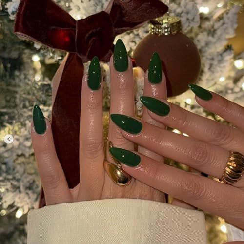 48Pcs Dark Green Press on Nails Almond Fake Nails Glue almond glossy dark green