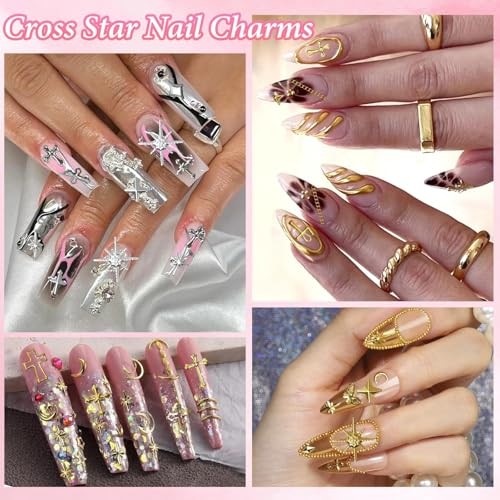 Gold Silver Caviar Nail Beads, 3D Starburst Chain Cross Nail Charms, Alloy S2