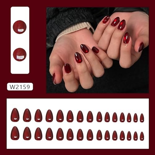 Short Almond Press on Nails Wine Red Fake Nails Glass Bead Cat Eye Almond-06