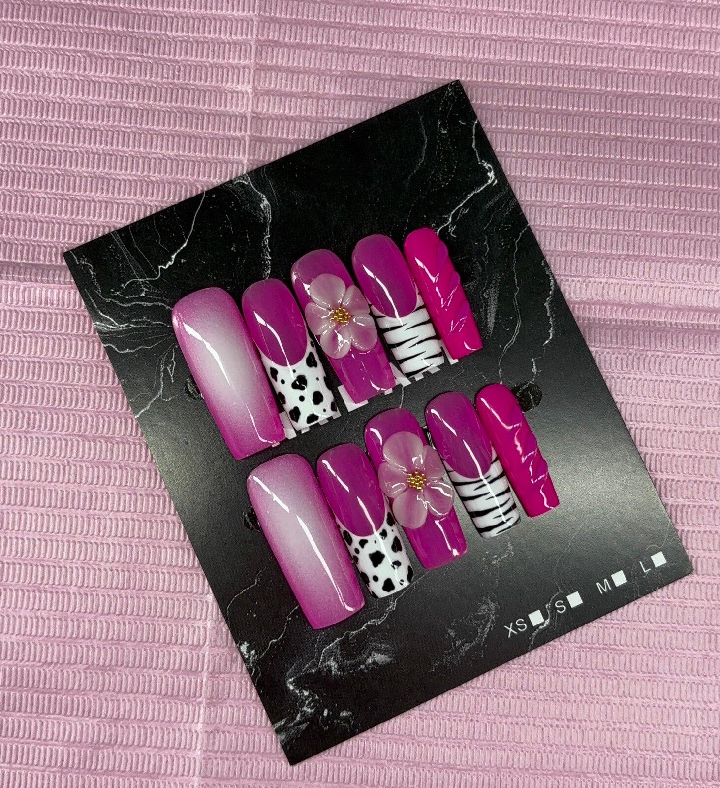Long square press on nails animal print 3d gel flower aura