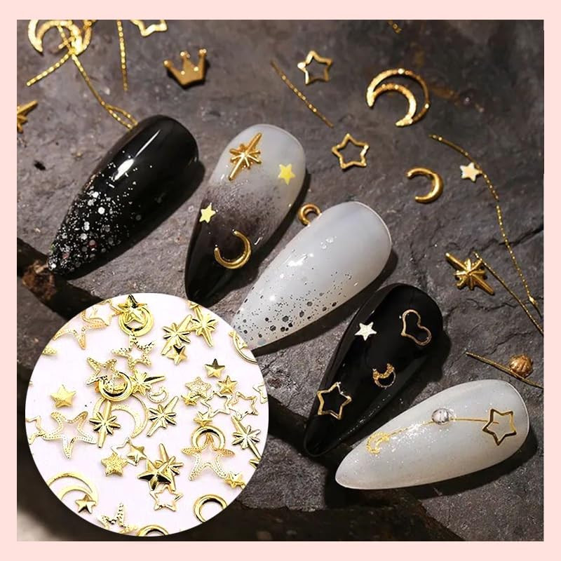600Pcs 3D Gold Star Moon Nail Art Rhinestones Metal Star Moon Nail Charms Multi-