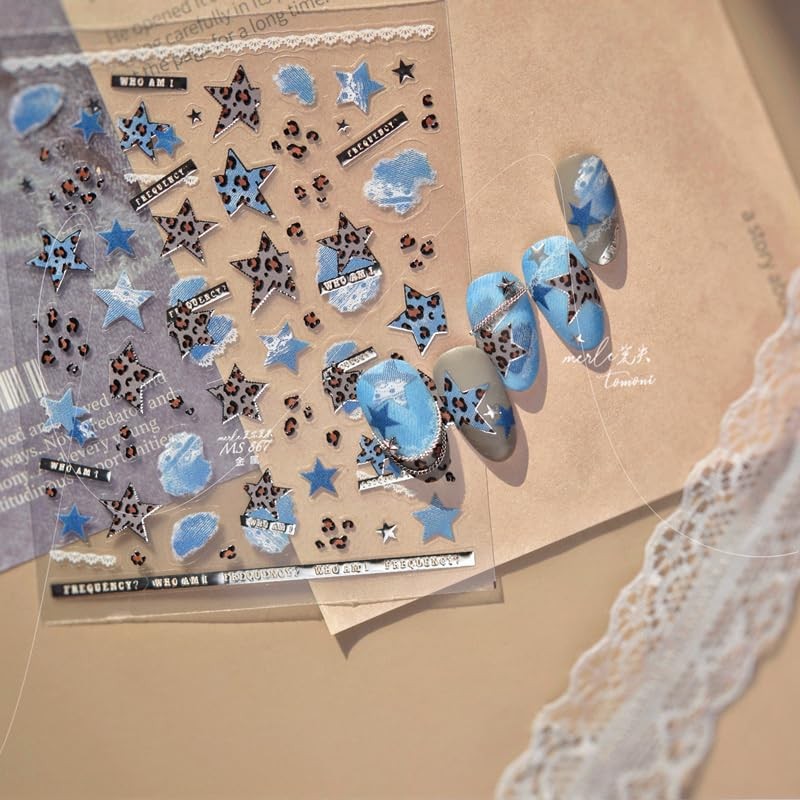 Denim Nail Stickers for Nail Art, Star Leopard Nail Decals 5D Embossed Blue
