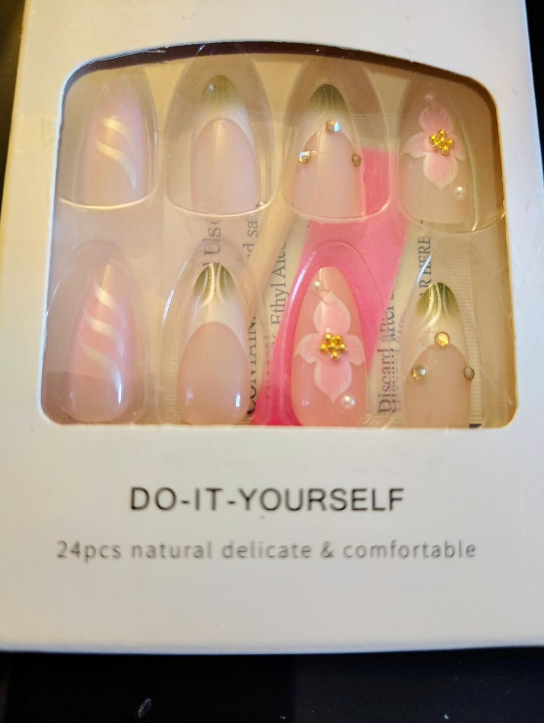 Almond Press on Nails Medium Pink Fake Nails with Floral Design Spring Flower