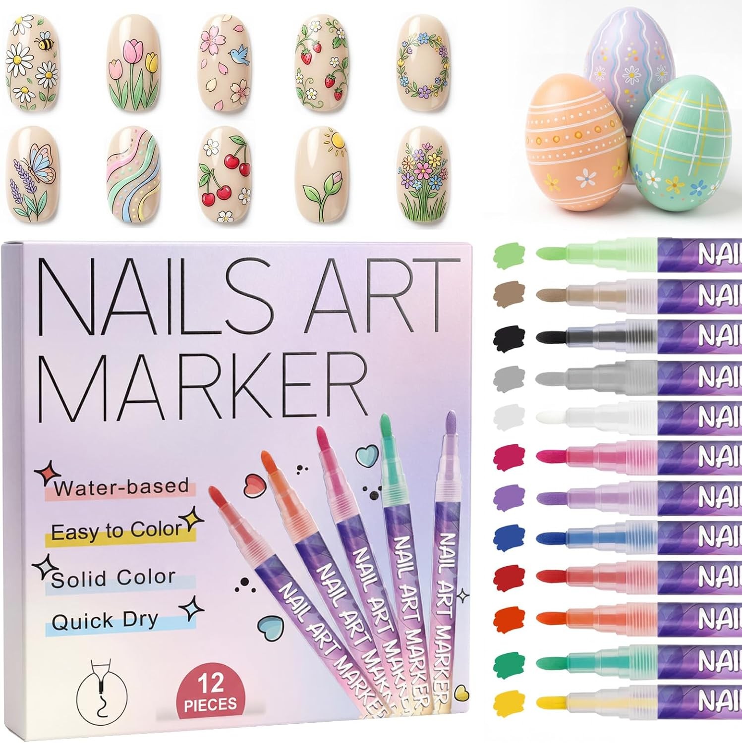 12 Colors Nail Art Pens Set, 0.7mm 3D Nail Polish Pens, Quick Dry, Long Lasting