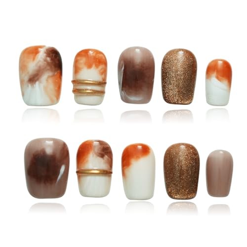 Brown Press on Nails Extra Short Coffin Nails, Handmade 3D M Vintage Gold-Brown