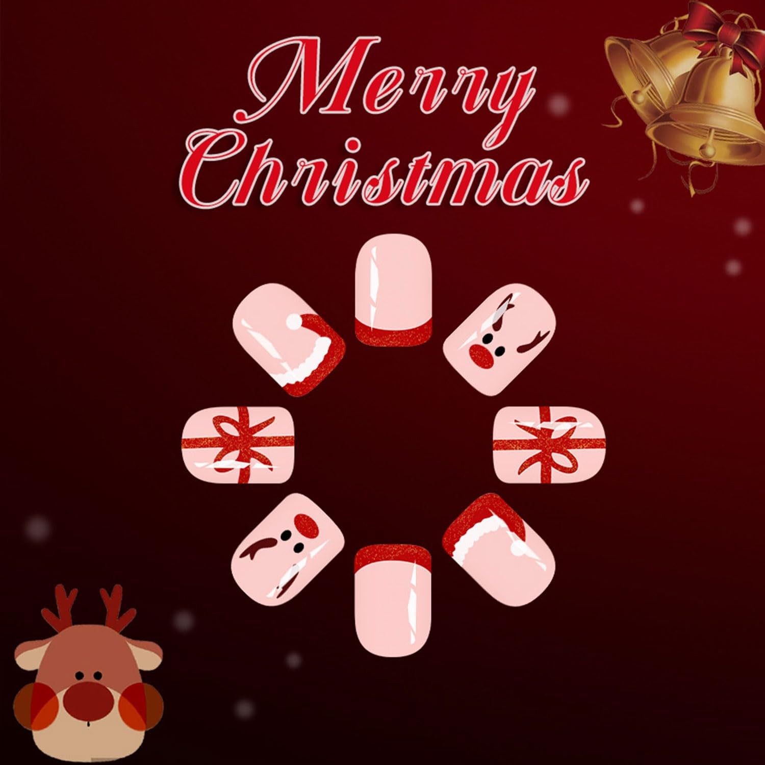 24 Pcs Short Square Press on Nails Christmas Nude Pink Nails Press Ons Red Fr…