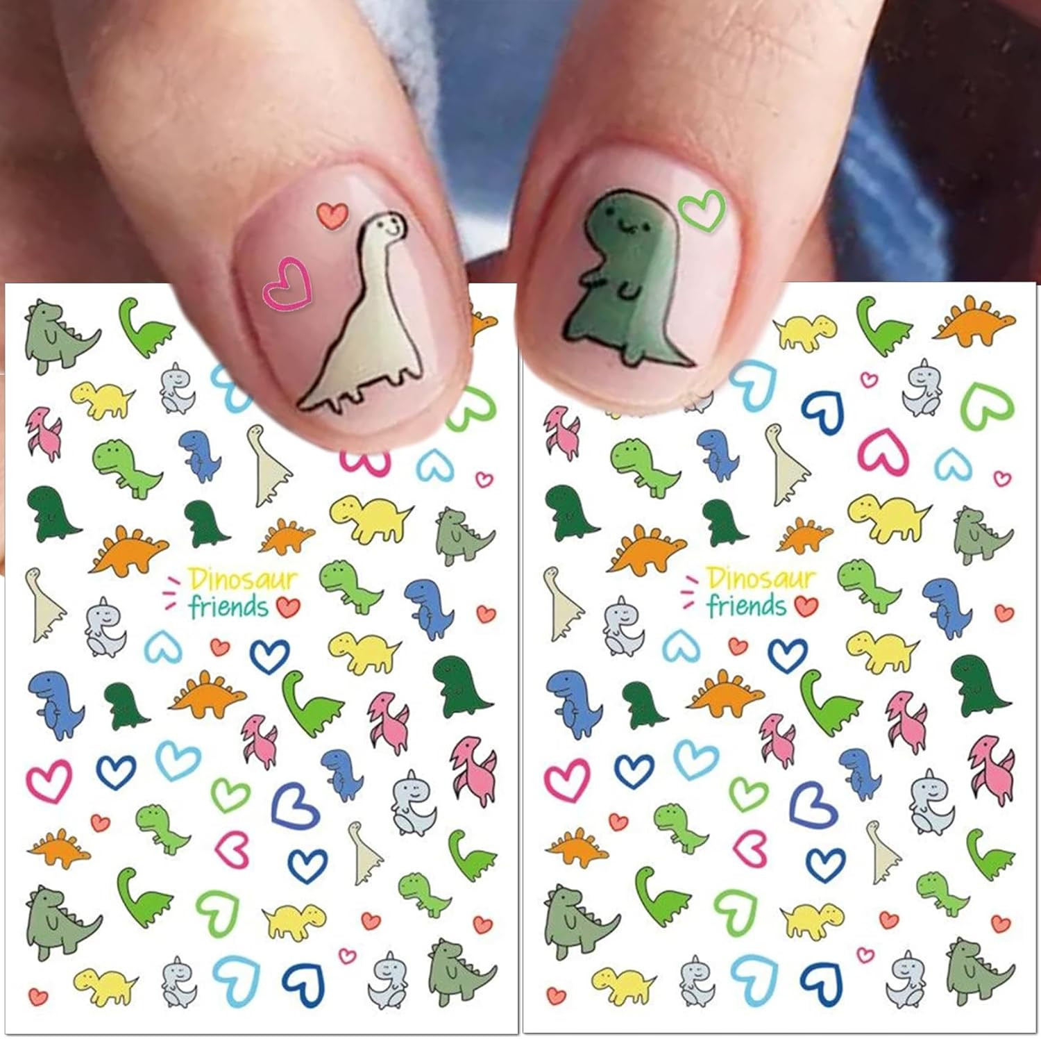 Dinosaur Nail Art Stickers for Kids- Cute Cartoon Designs, 3D Self-Adhesive Hear