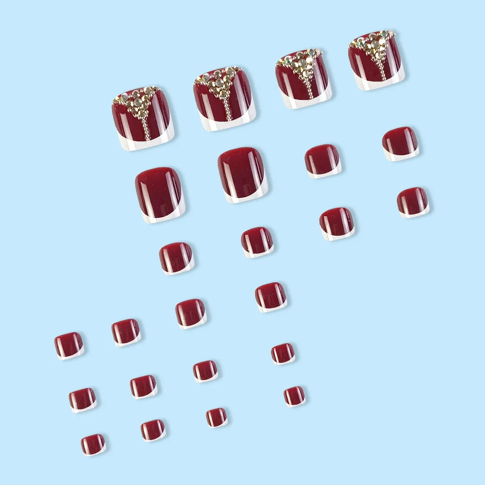 24pcs Retro Red French False Toenails Gold Crystal Square Full Cover