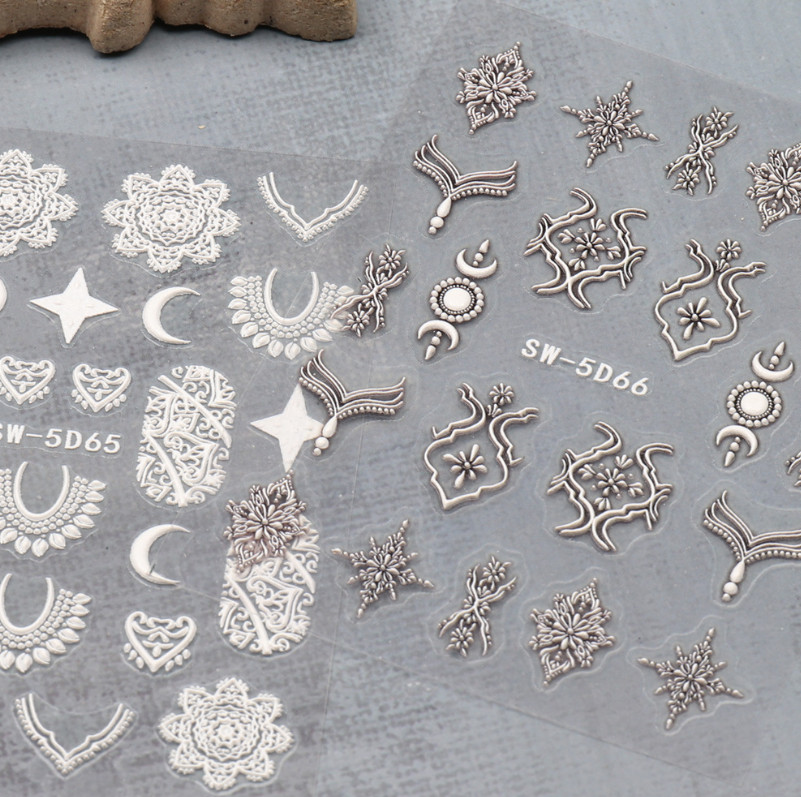 5D Embossed Retro Lace Totem Pendant Jewelry Flower Moon Nail Art Stickers NS53