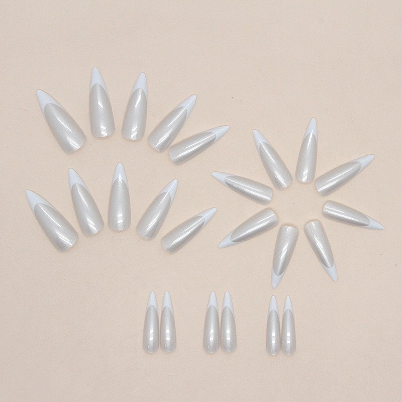 48Pcs-Long Almond Milky White Cat Eye Glitter Hollow French Tip Press on Nails