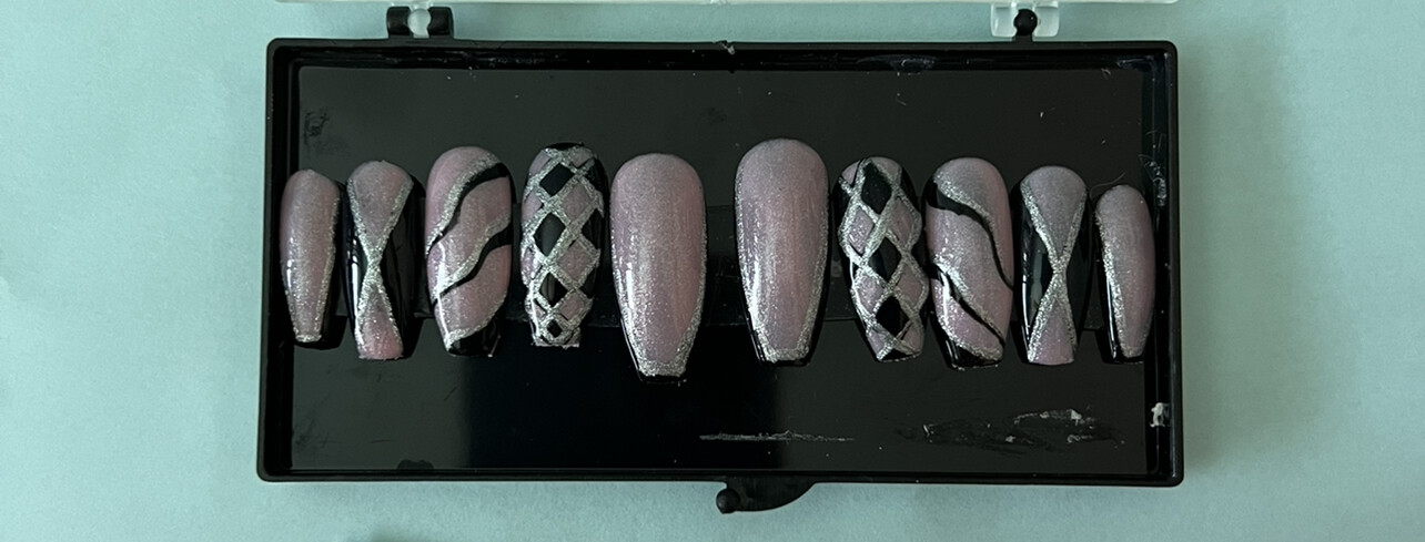 Pink Black Silver Size Small Handmade Gel Press on Nails