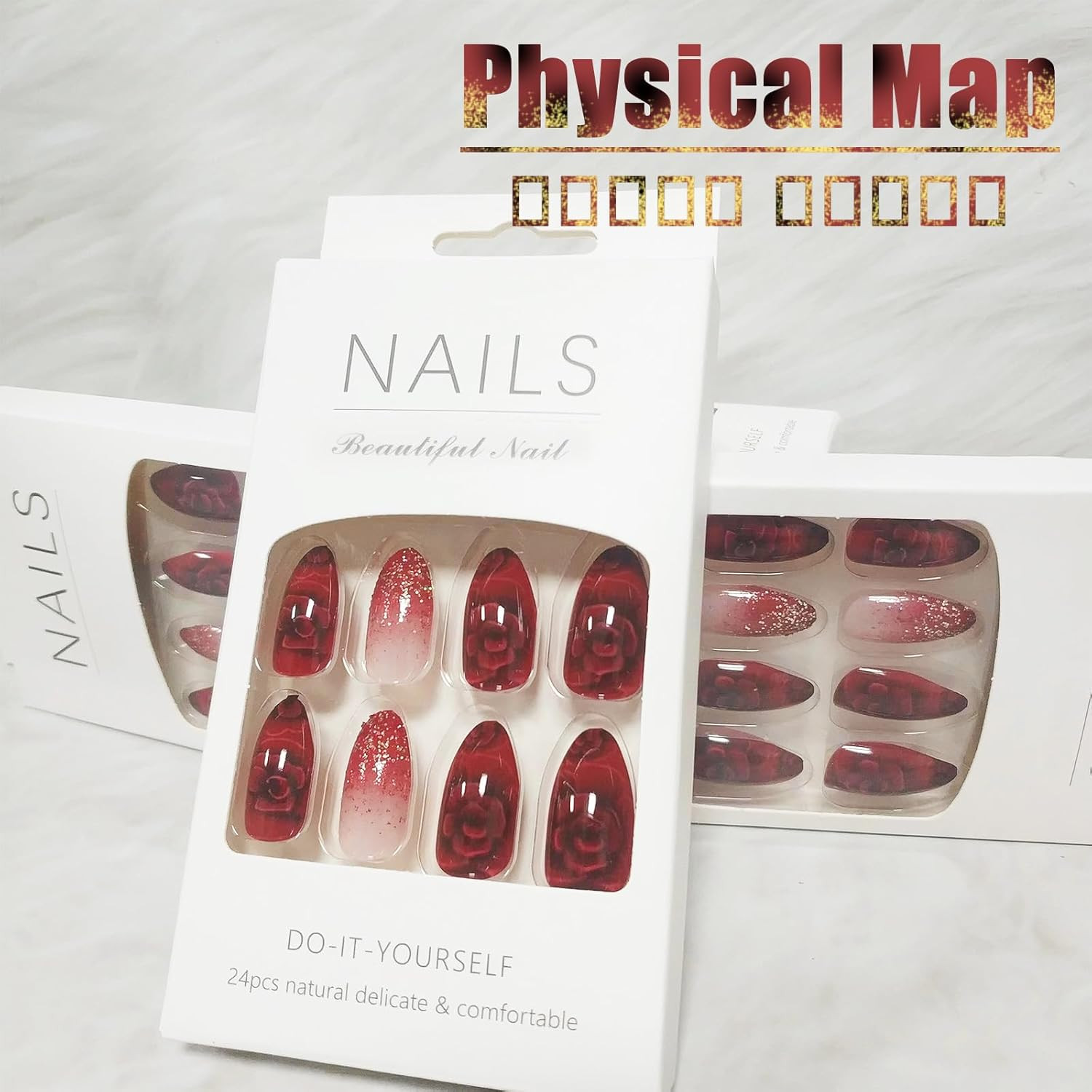 24Pcs Red Gradient Short Almond Press on Nails with Rose Flower Design, Glossy G