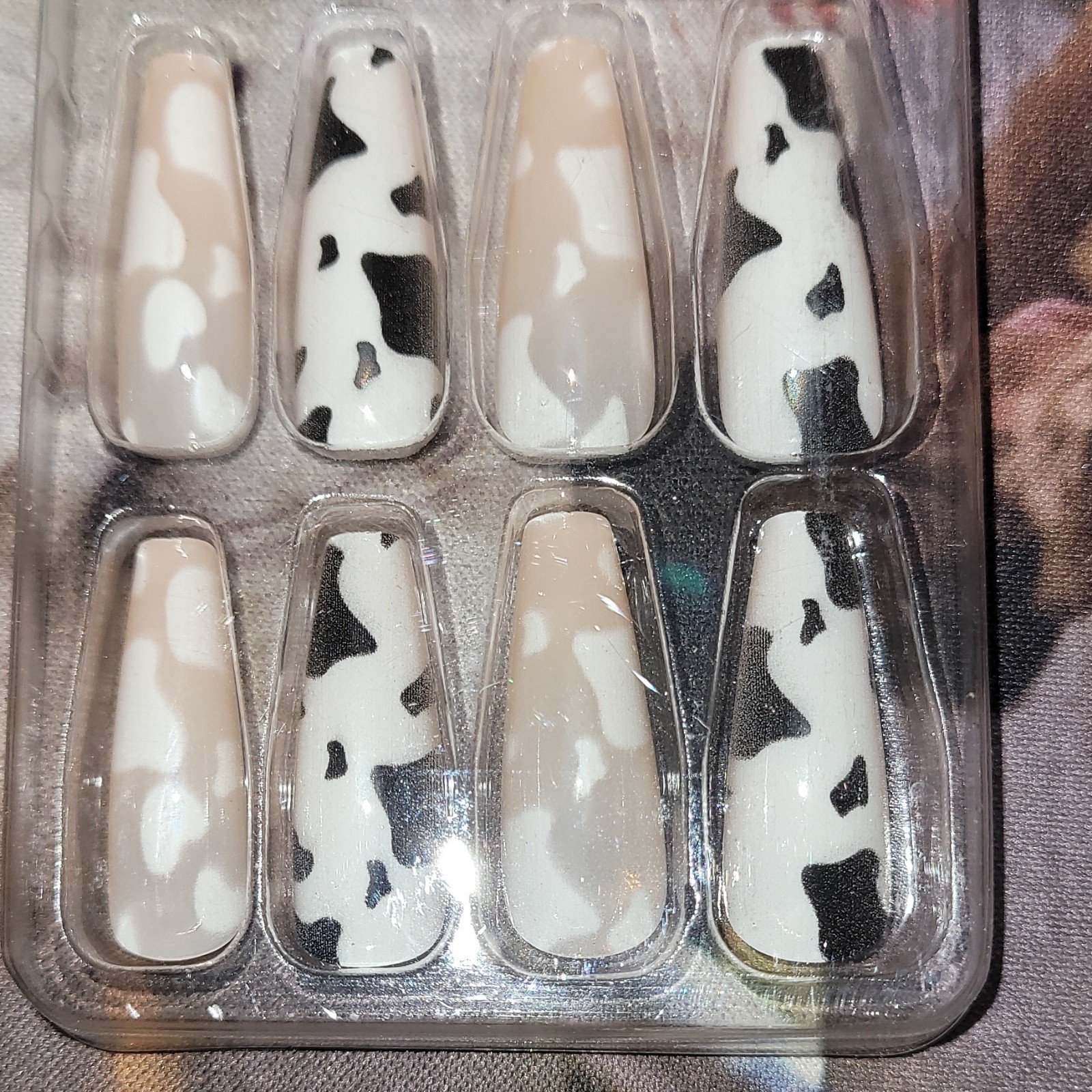 Beautiful Nail Long Coffin Full Cover Glossy Press-On Artificial Nails Cow Print