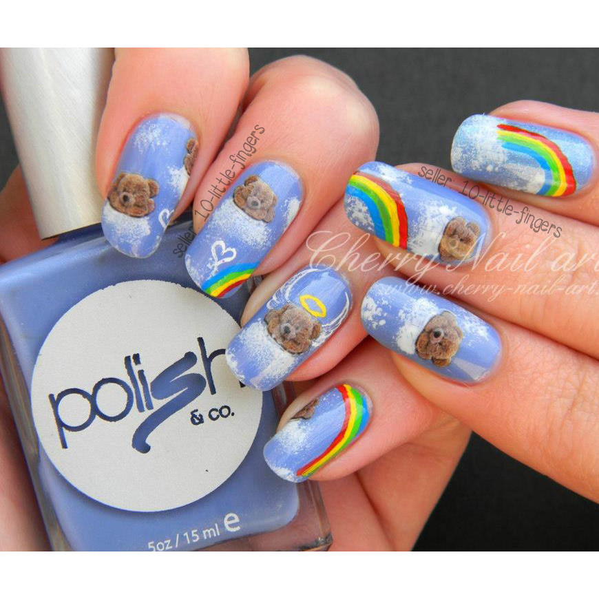 x1 set of cute Teddy Bear Nail Decals / Cute Kawaii Brown Rainbow