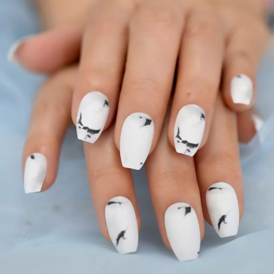 24 Matte White Marble Press on nails kit glue Classy black stone medium coffin