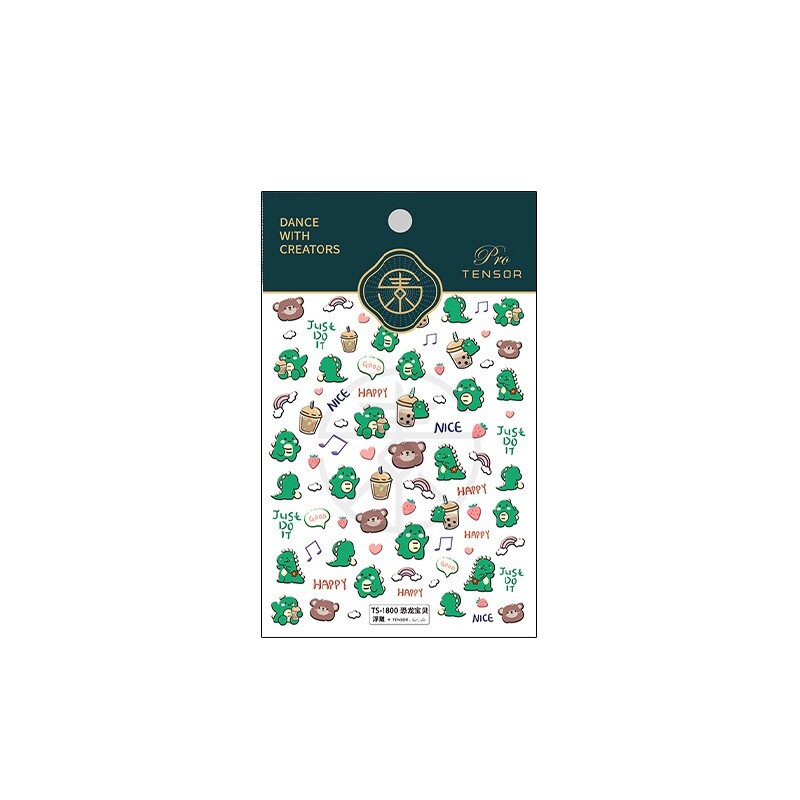 5D Cute Dinosaur Nail Stickers, Cartoon Dinosaur Nail Decals, Bubble Tea (24)