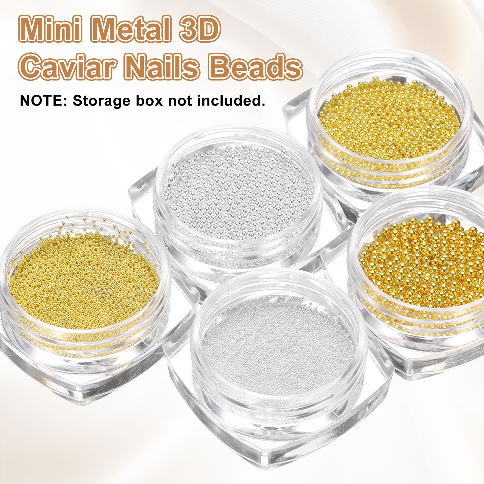 2pcs Nail Art Beads 0.08″ Mini Metal Caviar Nails Beads Ball with Bag Gold)