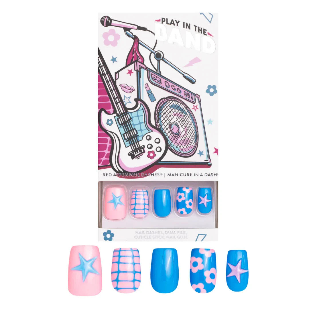 Red Aspen Press On Nails- Chords & Chaos, Cressa Short Coffin Pink Blue 3D