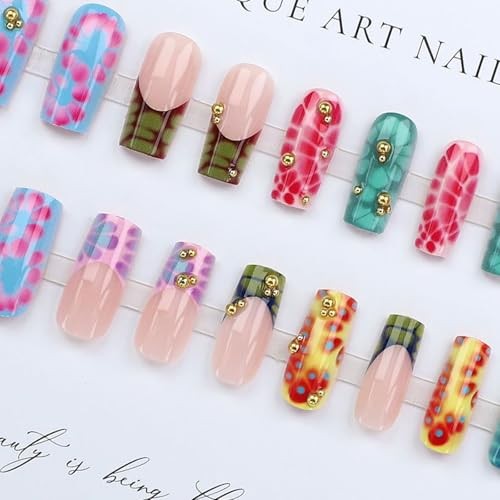 24Pcs Colorful Summer Press On Nails Medium Square, Y2K Leopard Print Fake