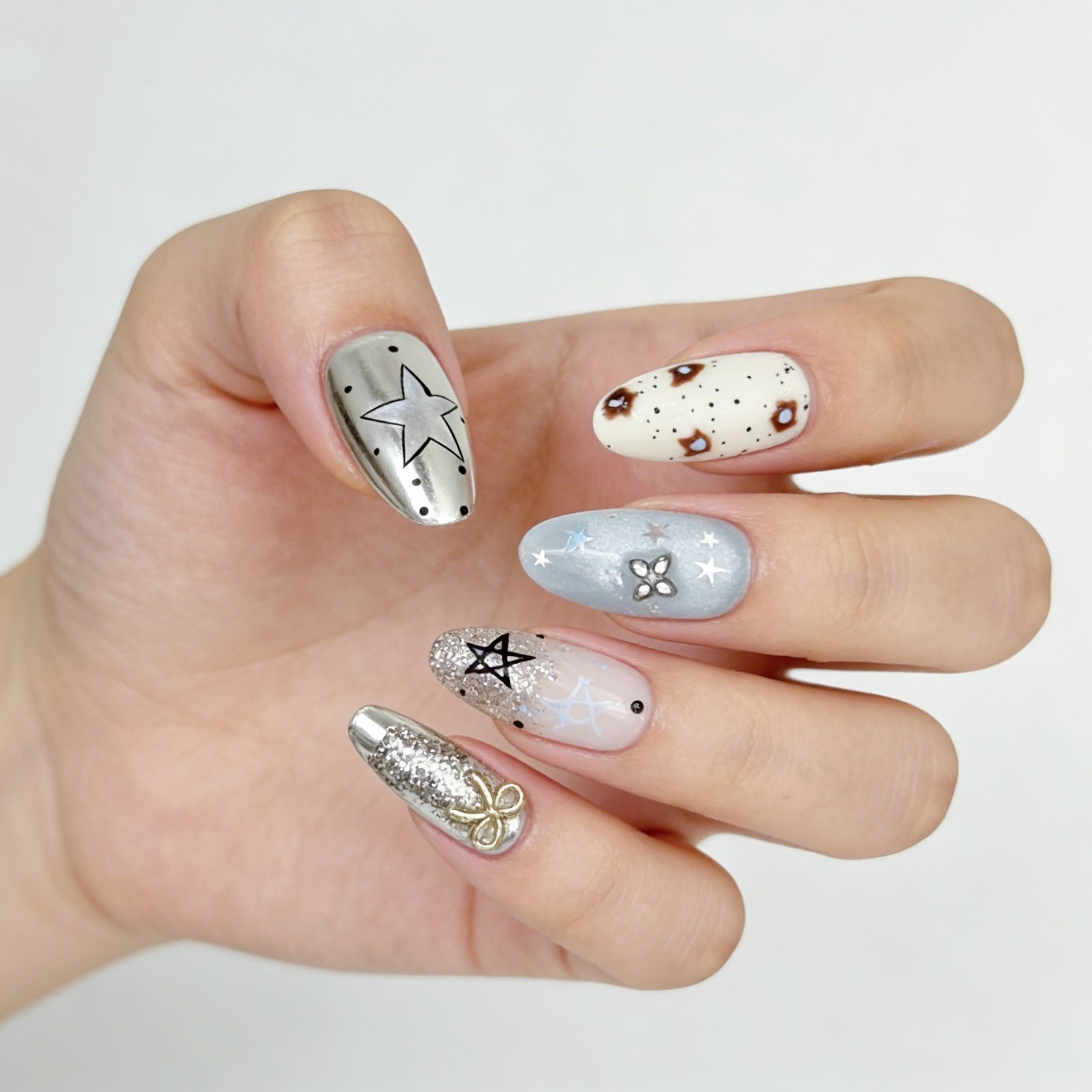 Galaxy Star Glitter Press-On Nails Mismatched Set Handmade Almond Nails Gift