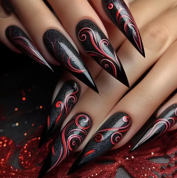 24 Pcs Press-On Nail Long Stiletto Black with Red & White Swirls Glossy