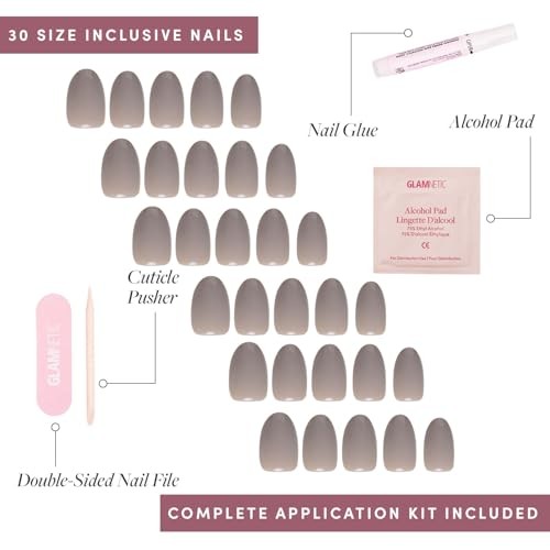 Press On Nails – | Opaque Light Gray Short Oval Fake Nails, Salon Pure Gray