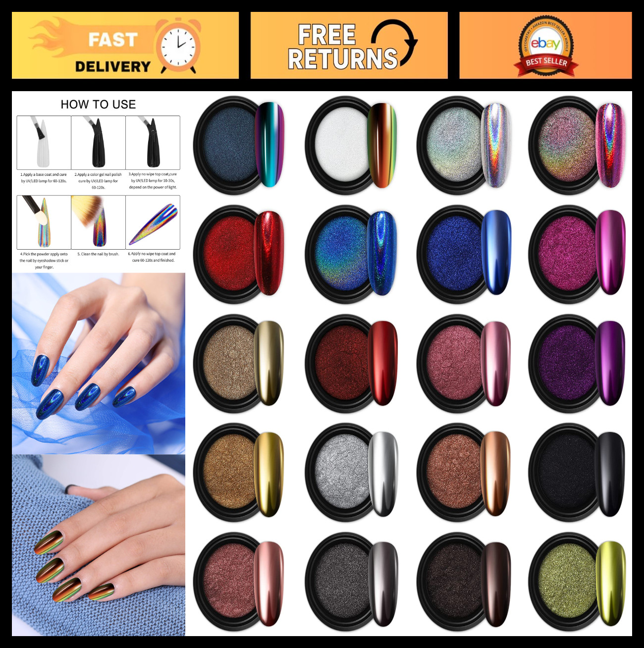 20 Jars Metallic Nail Powder Set – Holographic, Chameleon, Mirror Effect Pigment