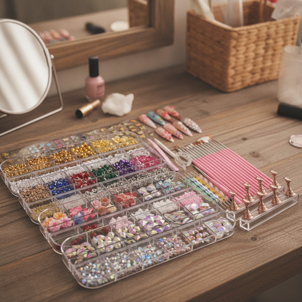 4 Boxes Nail Charms and Gems Set, Nail Rhinestones Nail Kit with Nail Art Bru…